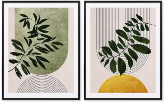 Green Botanical Abstract Wall Art Set of 2 – Modern Framed Painting