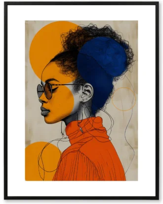 Blue Afro Woman Wall Art, Modern Portrait Canvas