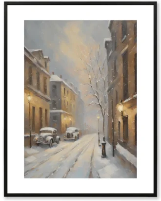 Vintage Snowy Street Wall Art, Classic European Canvas