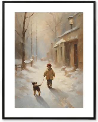 Snowy Walk With Dog Wall Art, Winter Canvas