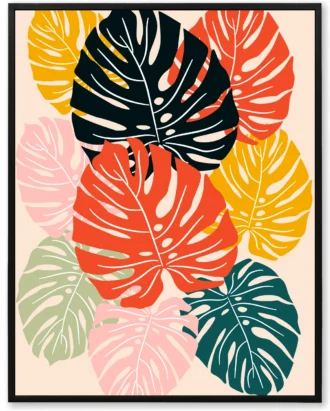 Colorful Monstera Leaves Wall Art, Modern Botanical Canvas