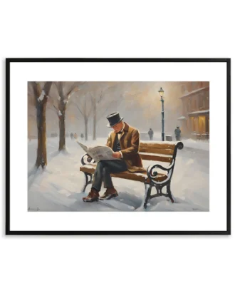 Man On Bench Winter Wall Art, Vintage City Canvas