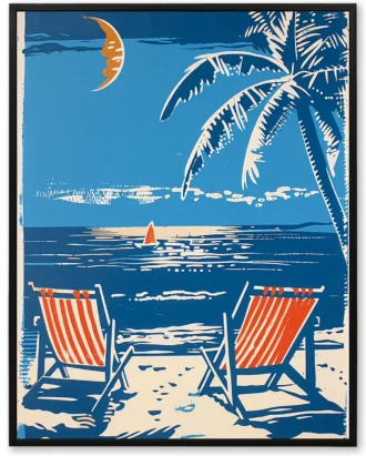 Retro Beach Sunset Wall Art, Vintage Travel Canvas