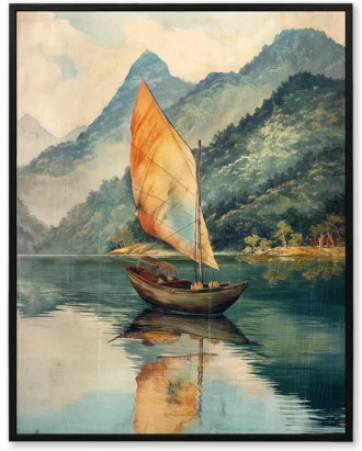Vintage Sailboat Lake Wall Art, Serene Classic Canvas