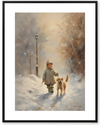 Kid Walking Dog Winter Wall Art, Snowy Canvas