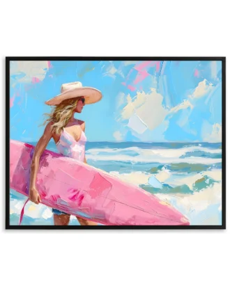 Pink Surf Girl Seascape Canvas – Vibrant Beach Wall Art