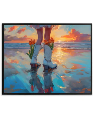 Sunset Beach Canvas Wall Art with Boots Reflection