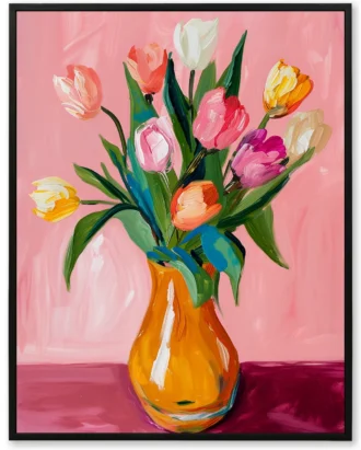 Tulip Flowers Canvas Wall Art – Colorful Vase Painting