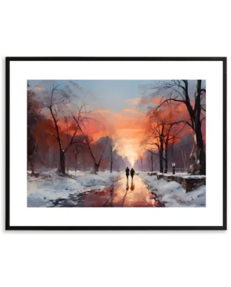 Winter Sunset Canvas Wall Art – Couple Stroll Painting