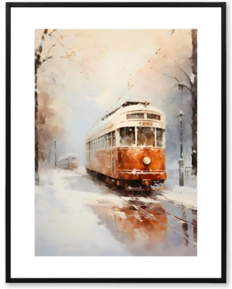 Winter Tram City Canvas Art – Urban Snow Painting